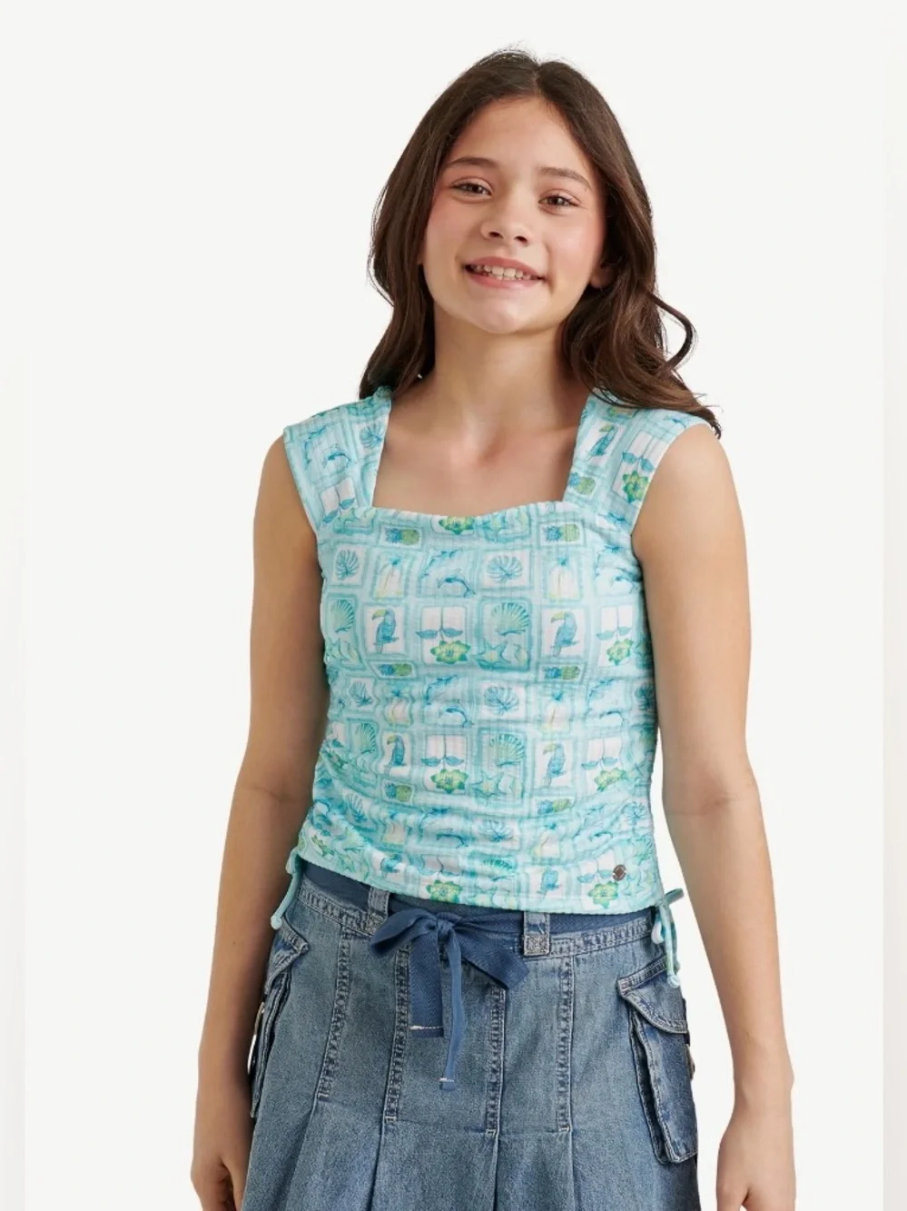 NWT Justice Girls XL 16/18 Teal Tropical Cinch Side Square Neck Top